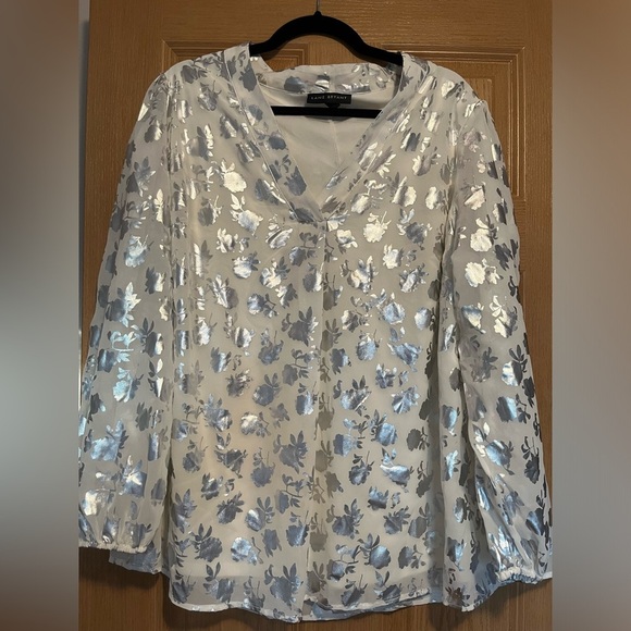 Lane Bryant White Chiffon Silver Floral Tunic Blouse - Picture 3 of 11